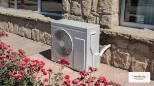 An air conditioner on the side of a building next to flowers