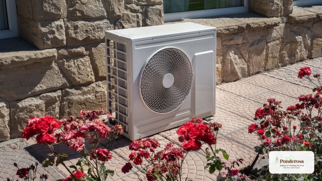 an air conditioner sitting in front of a stone building