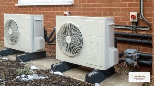 three air conditioners in front of a brick building