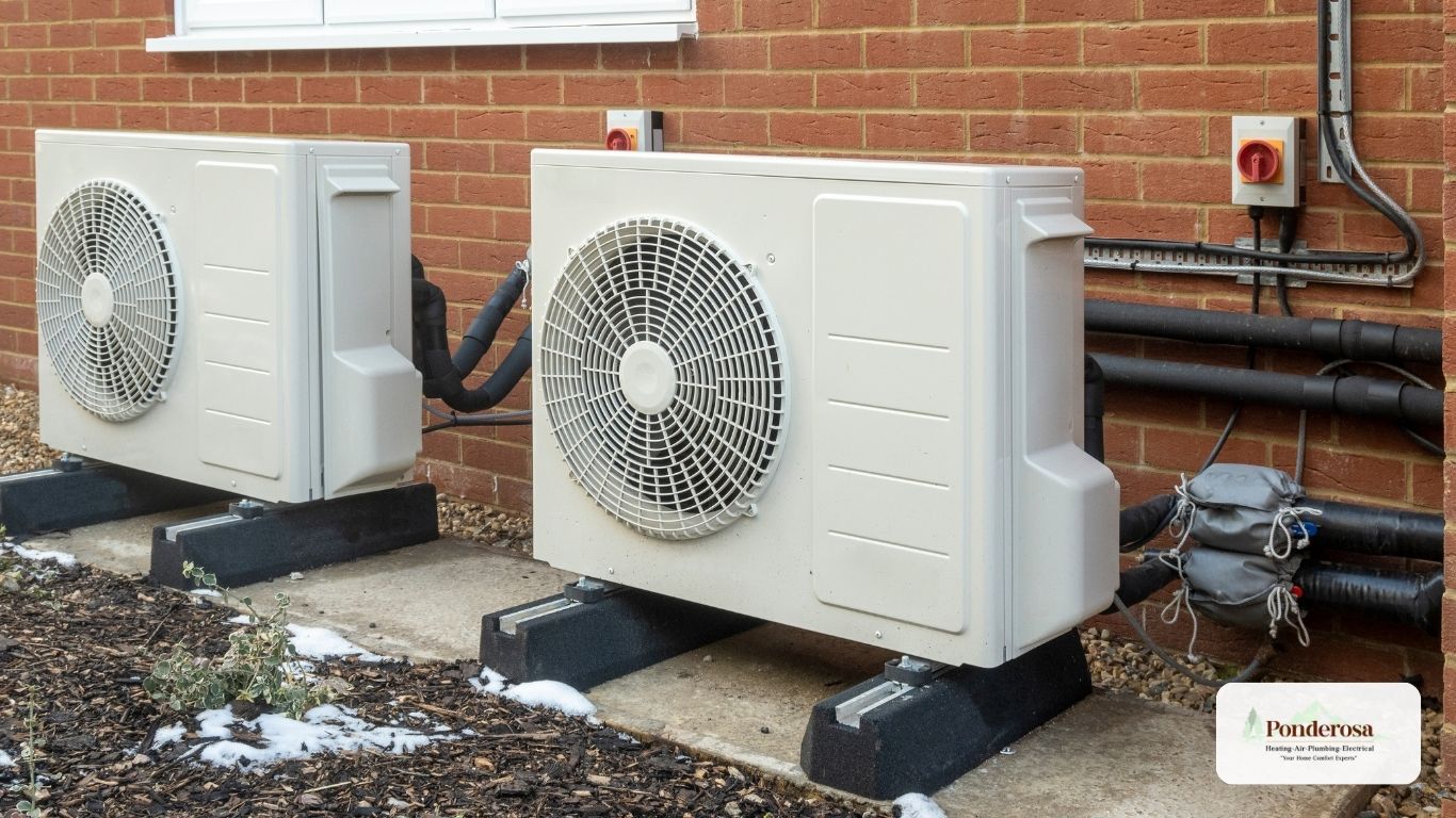 three air conditioners in front of a brick building