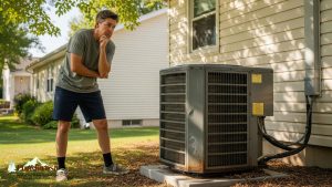 A person standing in front of an air conditioner