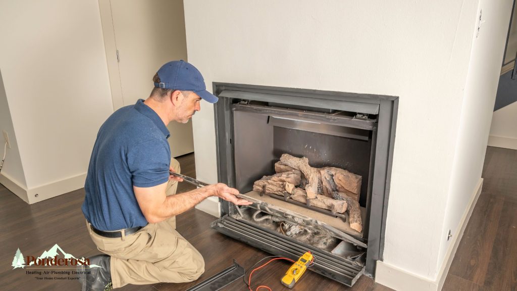 Someone is working on a fireplace in a room