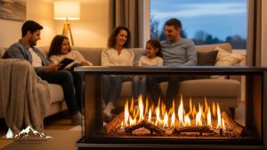 a family sitting around a gas fireplace in a living room