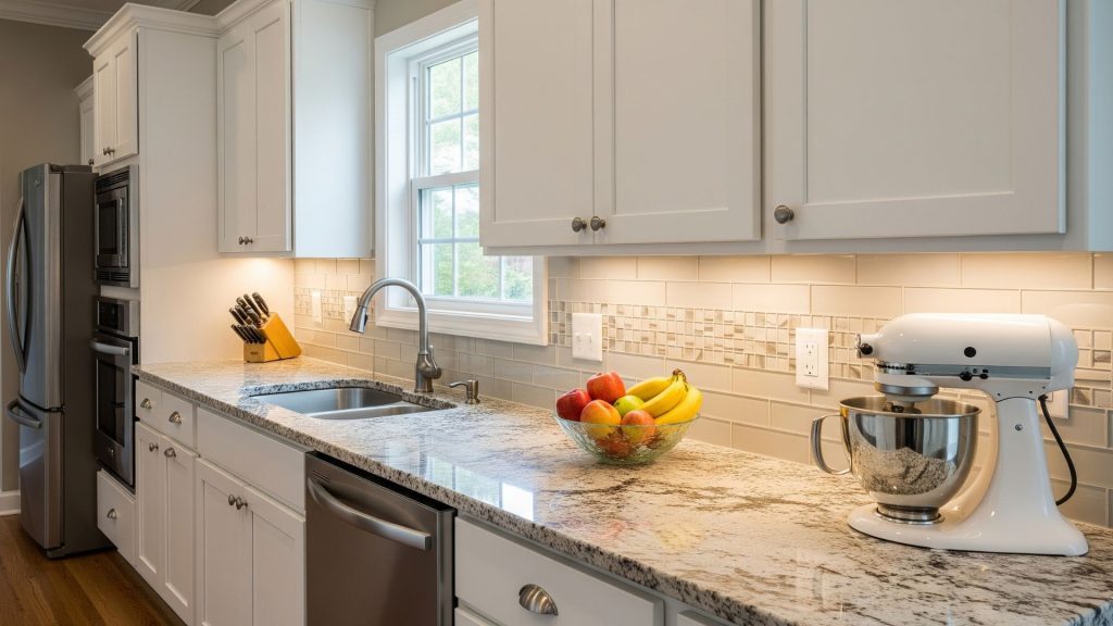 a kitchen with white cabinets, lights, and granite counter tops