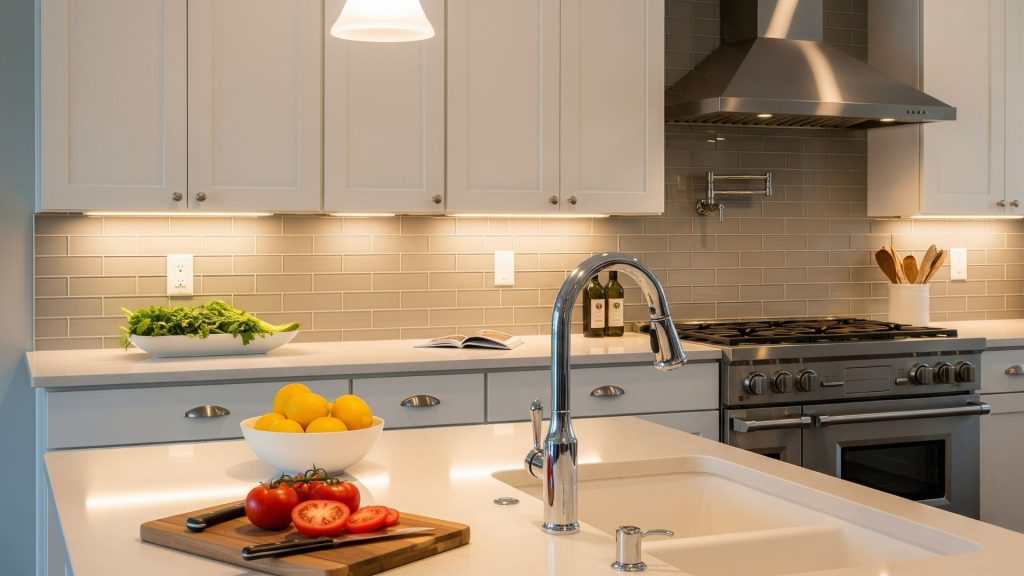 a kitchen with white cabinets, new lights, and stainless steel appliances