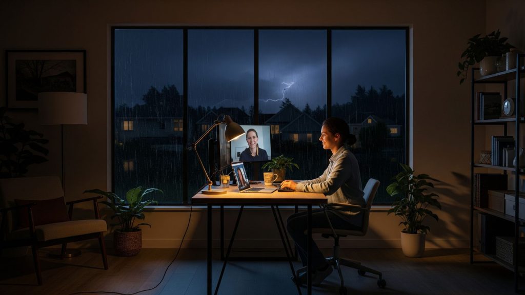 a person sitting at a desk in front of a window working during a power outage