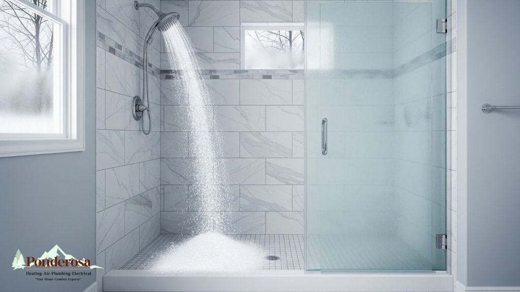 a walk in shower with a snow coming out of it