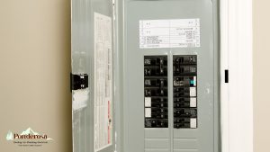a wall mounted electrical panel in a room