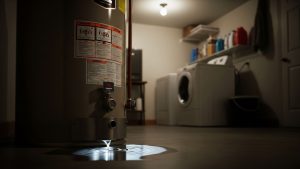 a water heater sits in the middle of a room leaking water