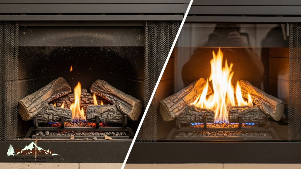 before and after photos of a fireplace after cleaning and repair