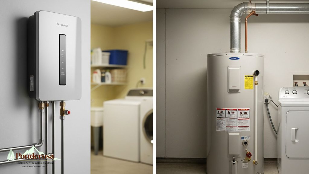 picture comparison of a traditional and tankless hot water heaters