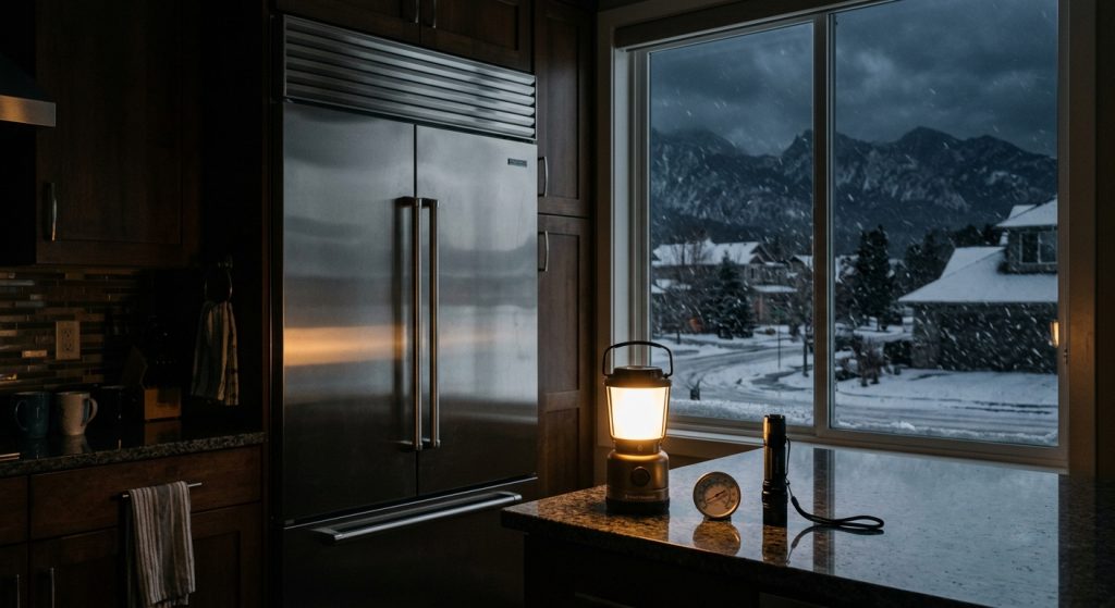 A glowing lantern and flashlight on a kitchen counter during a winter storm power outage