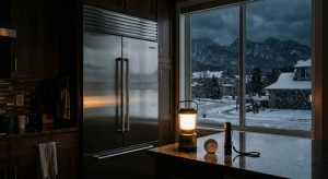 A glowing lantern and flashlight on a kitchen counter during a winter storm power outage