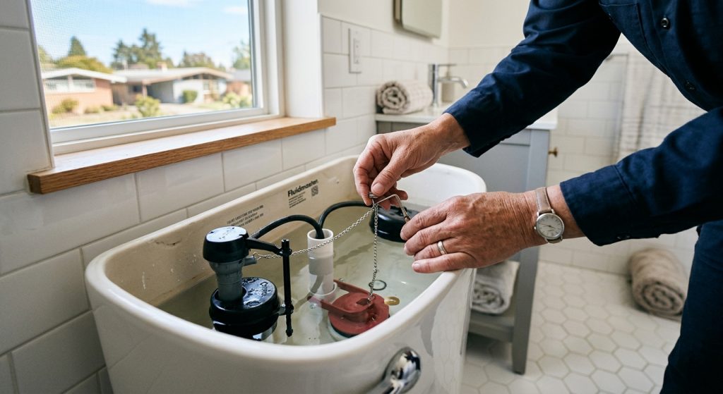 A person's hands adjusting the flapper chain inside an open toilet tank