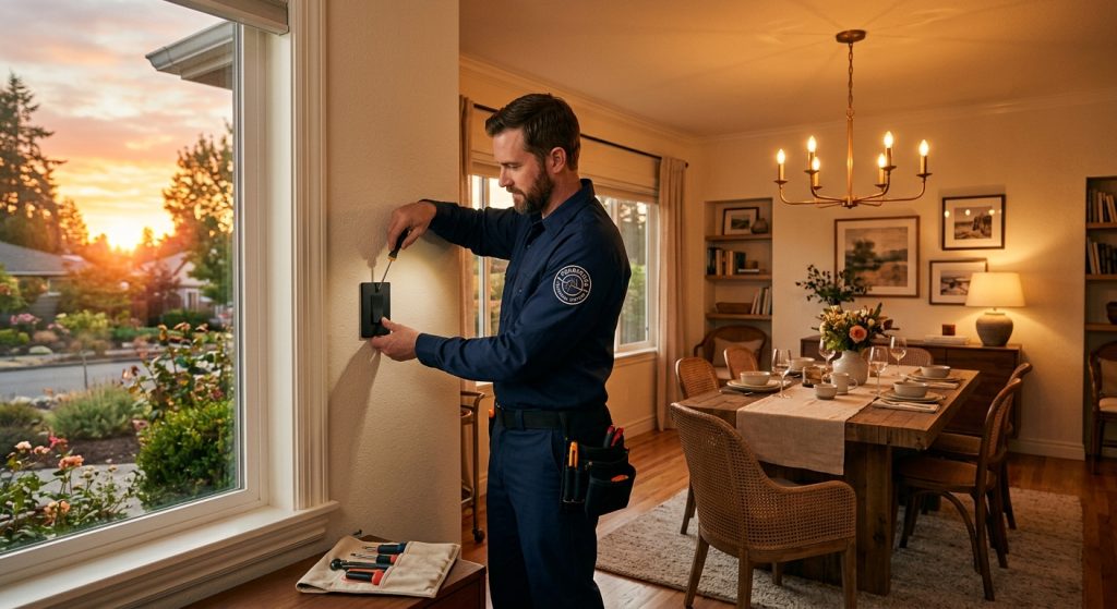 A professional technician installs a light switch in a home's dining room