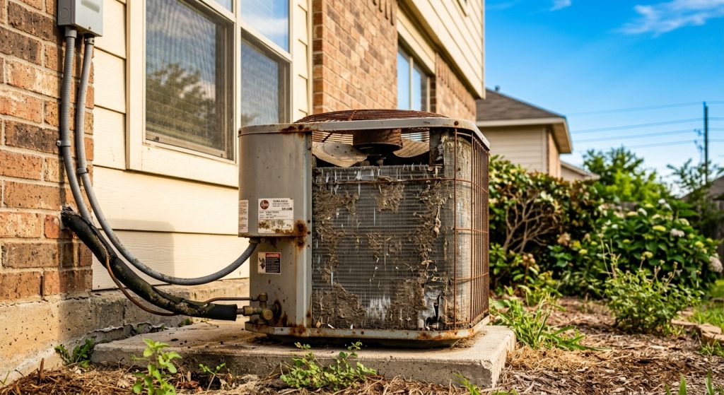 A rusted and dirty outdoor air conditioning unit with clogged condenser fins