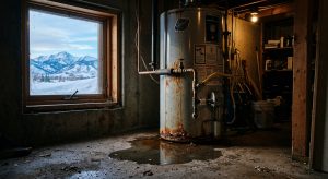 A rusty water heater leaking onto a basement floor, with snowy mountains visible through a window