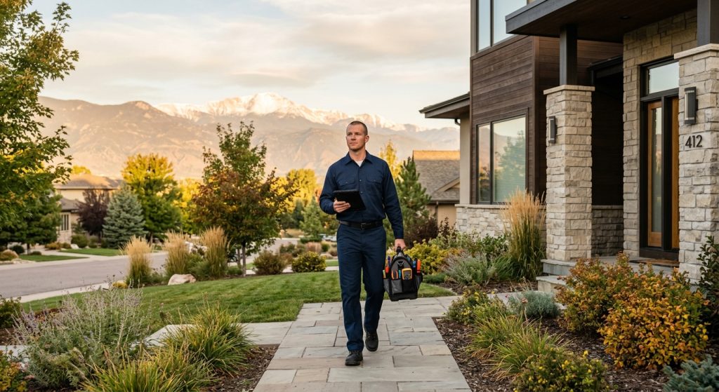 A service technician in a navy uniform walks from a modern home carrying a tool bag and tablet