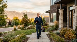 A service technician in a navy uniform walks from a modern home carrying a tool bag and tablet