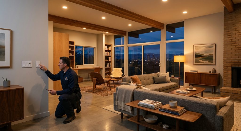 A technician in a navy uniform adjusts a wall-mounted light switch in a modern, well-lit living room