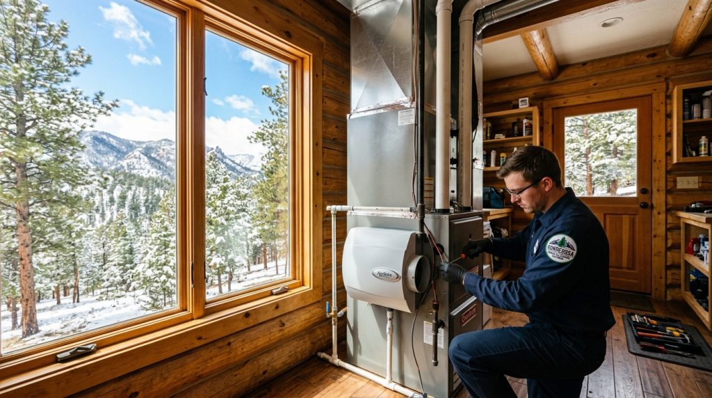 A technician services a furnace in a log cabin with a snowy mountain landscape visible through a large window