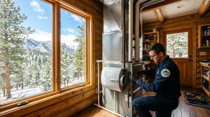 A technician services a furnace in a log cabin with a snowy mountain landscape visible through a large window