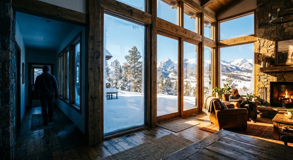 Cozy cabin interior with floor-to-ceiling windows overlooking snowy mountains and a stone fireplace with a burning fire