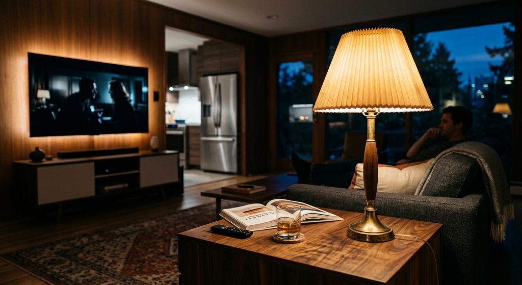 Cozy modern living room at night with warm lamp light, a TV playing a movie, and a drink on a side table