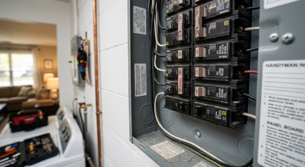 Electrical breaker panel with one switch in the tripped position and a red label that reads TRIPPED