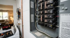 Electrical breaker panel with one switch in the tripped position and a red label that reads TRIPPED
