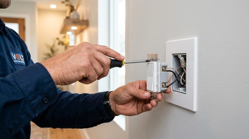Electrician using a screwdriver to install a modern light switch into a wall outlet box