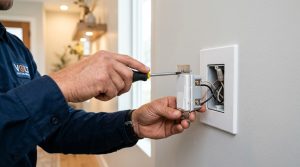 Electrician using a screwdriver to install a modern light switch into a wall outlet box