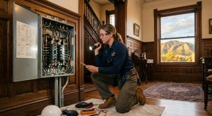 Female electrician using a flashlight and voltage tester to inspect an open electrical panel in a home