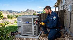 HVAC technician using a multimeter to test an outdoor air conditioning unit