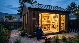Man in work uniform installs conduit outside a modern wooden backyard workshop with a lit interior at dusk