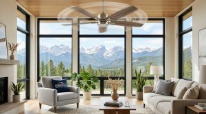 Modern living room with a spinning ceiling fan and large windows overlooking a mountain landscape