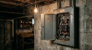 Open, weathered electrical panel with tangled wires on a cinder block wall in a dimly lit basement
