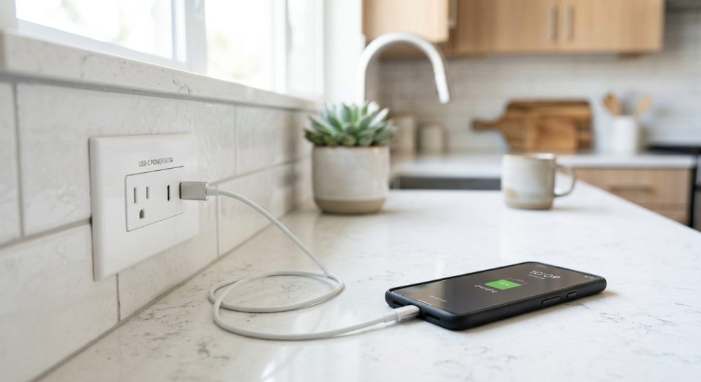 Smartphone charging from a USB-C port in a wall outlet on a kitchen counter