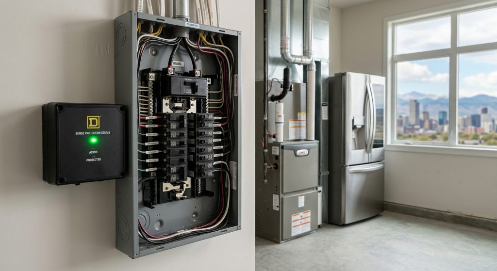 Square D surge protector with a green status light mounted next to an open electrical circuit breaker panel