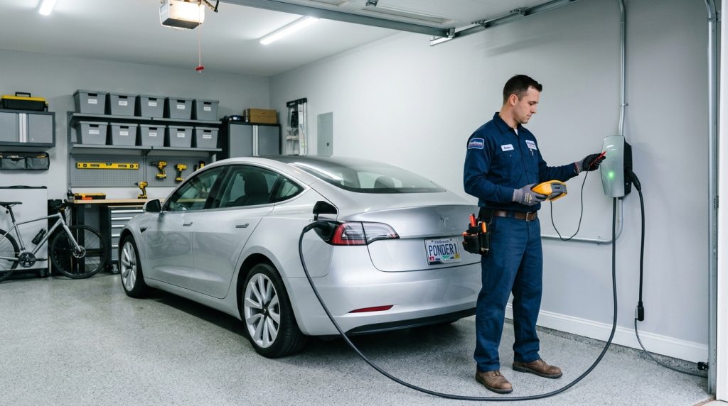 Technician using a diagnostic tool to test a wall-mounted electric vehicle charger in a residential garage