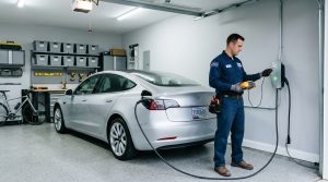 Technician using a diagnostic tool to test a wall-mounted electric vehicle charger in a residential garage