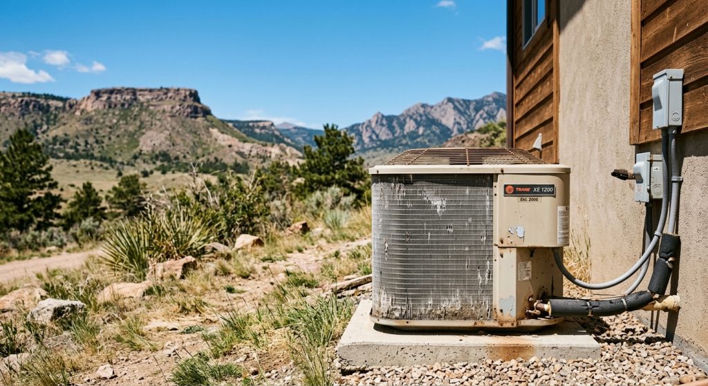 Weathered Trane XE 1200 air conditioning unit outside a home with mountains in the background