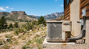 Weathered Trane XE 1200 air conditioning unit outside a home with mountains in the background